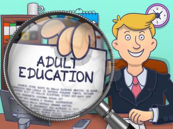 Adult Education on Paper in Business Man's Hand through Magnifying Glass to Illustrate a Education Concept. Multicolor Doodle Illustration.