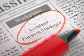 Assistant Finance Manager. Newspaper with the Vacancy, Circled with a Red Marker. Blurred Image. Selective focus. Concept of Recruitment. 3D Render.