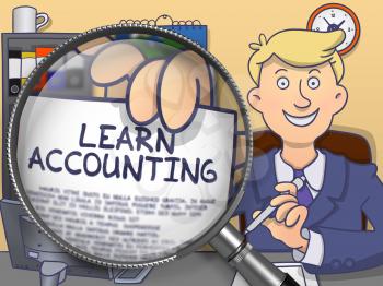 Officeman in Suit Looking at Camera and Shows Text on Paper Learn Accounting through Lens. Closeup View. Multicolor Doodle Illustration.
