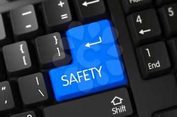 Computer Keyboard with the words Safety on Blue Key. Safety Concept: Modernized Keyboard with Safety, Selected Focus on Blue Enter Key. A Keyboard with Blue Button - Safety. 3D Illustration.