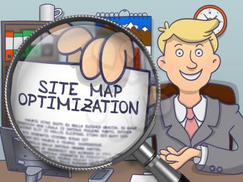 Site Map Optimization on Paper in Businessman's Hand to Illustrate a eBusiness Concept. Closeup View through Magnifying Glass. Multicolor Modern Line Illustration in Doodle Style.