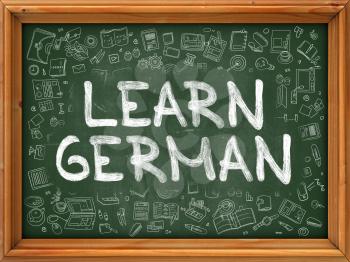Learn German Concept. Modern Line Style Illustration. Learn German Handwritten on Green Chalkboard with Doodle Icons Around. Doodle Design Style of  Learn German Concept.