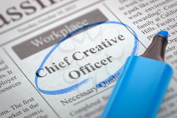 Chief Creative Officer. Newspaper with the Job Vacancy, Circled with a Blue Marker. Blurred Image with Selective focus. Job Seeking Concept. 3D.