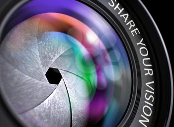 Share Your Vision - Concept on SLR Camera Lens, Closeup. Share Your Vision Concept. Closeup Lens of Digital Camera with Pink and Orange Reflection. Black Background. 3D Render.