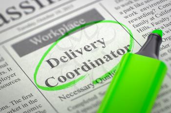 Delivery Coordinator - Small Ads of Job Search in Newspaper, Circled with a Green Marker. Blurred Image. Selective focus. Job Search Concept. 3D Render.