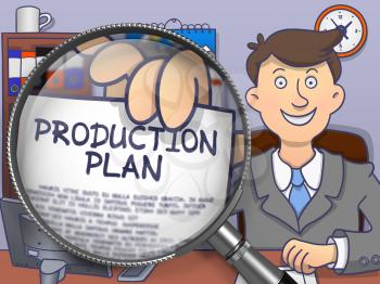 Production Plan. Officeman Showing Paper with Text through Magnifier. Colored Doodle Illustration.