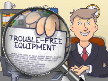 Trouble-Free Equipment through Magnifier . Business Man Holding Paper with Offer. Multicolor Modern Line Illustration in Doodle Style.