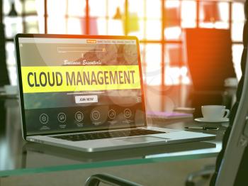 Cloud Management Concept Closeup on Laptop Screen in Modern Office Workplace. Toned Image with Selective Focus. 3d Rendering.