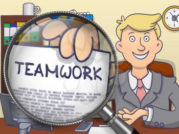 Teamwork. Concept on Paper in Man's Hand through Magnifier. Colored Doodle Style Illustration.