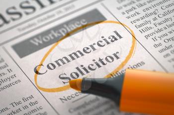 Commercial Solicitor - Small Advertising in Newspaper, Circled with a Orange Highlighter. Blurred Image. Selective focus. Job Search Concept. 3D Rendering.