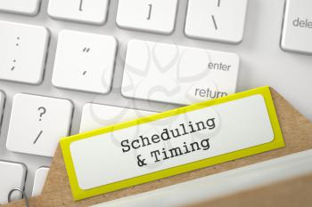 Scheduling & Timing. Yellow Card File Concept on Background of White Modern Computer Keyboard. Archive Concept. Closeup View. Blurred Image. 3D Rendering.