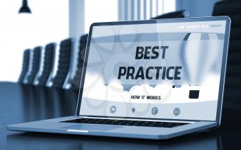 Best Practice. Closeup Landing Page on Mobile Computer Display. Modern Meeting Room Background. Toned. Blurred Image. 3D Illustration.