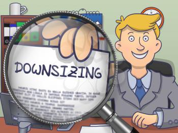 Downsizing. Paper with Concept in Business Man's Hand through Magnifying Glass. Colored Doodle Style Illustration.