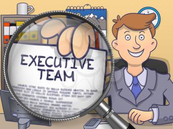 Executive Team on Paper in Business Man's Hand to Illustrate a Business Concept. Closeup View through Magnifier. Colored Doodle Illustration.