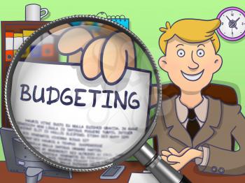 Budgeting. Business Man Showing Concept on Paper through Lens. Multicolor Doodle Illustration.