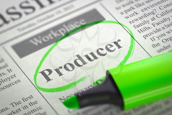 Producer. Newspaper with the Small Advertising, Circled with a Green Marker. Newspaper with Classified Advertisement of Hiring Producer. Blurred Image with Selective focus. Job Seeking Concept. 3D.