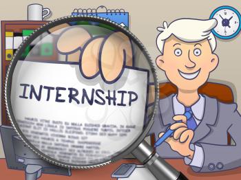 Man Holding a Concept on Paper Internship. Closeup View through Magnifier. Colored Doodle Style Illustration.