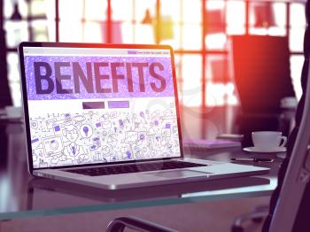 Benefits Concept - Closeup on Landing Page of Laptop Screen in Modern Office Workplace. Toned Image with Selective Focus. 3D Render.