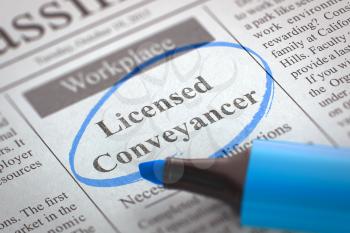 Licensed Conveyancer - Small Advertising in Newspaper, Circled with a Blue Highlighter. Blurred Image. Selective focus. Hiring Concept. 3D Render.