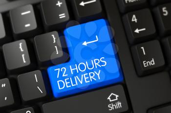 72 Hours Delivery Concept: Modern Laptop Keyboard with 72 Hours Delivery, Selected Focus on Blue Enter Key. Modern Laptop Keyboard with the words 72 Hours Delivery on Blue Key. 3D Illustration.