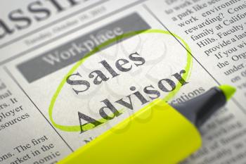 Sales Advisor - Small Advertising in Newspaper, Circled with a Yellow Highlighter. Blurred Image with Selective focus. Job Seeking Concept. 3D.
