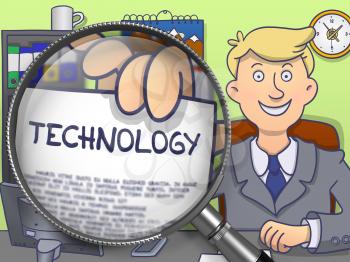 Technology. Paper with Inscription in Businessman's Hand through Magnifier. Multicolor Modern Line Illustration in Doodle Style.