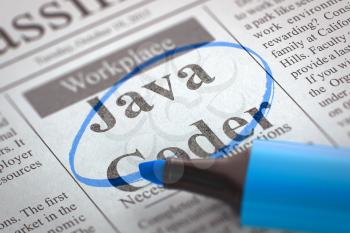 Newspaper with Classified Advertisement of Hiring Java Coder. Blurred Image. Selective focus. Hiring Concept. 3D Illustration.