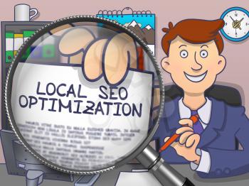 Local SEO Optimization. Business Man Shows Paper with Inscription through Magnifying Glass. Colored Modern Line Illustration in Doodle Style.