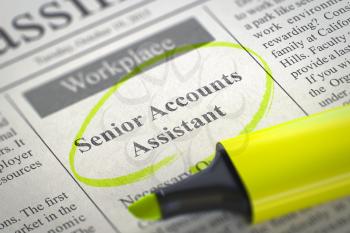 A Newspaper Column in the Classifieds with the Jobs of Senior Accounts Assistant, Circled with a Yellow Marker. Blurred Image with Selective focus. Hiring Concept. 3D Rendering.