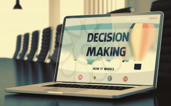 Decision Making Concept. Closeup Landing Page on Mobile Computer Screen on Background of Conference Hall in Modern Office. Toned Image. Blurred Background. 3D Rendering.