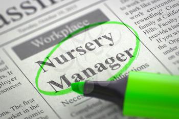 Newspaper with Jobs Section Vacancy Nursery Manager. Blurred Image. Selective focus. Job Seeking Concept. 3D.