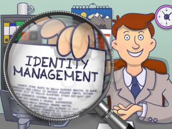 Identity Management. Man in Office Showing through Magnifying Glass Concept on Paper. Colored Doodle Illustration.
