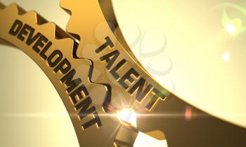 Talent Development on the Golden Gears. Talent Development on Mechanism of Golden Metallic Cog Gears with Glow Effect. Talent Development on the Mechanism of Golden Cogwheels. 3D.