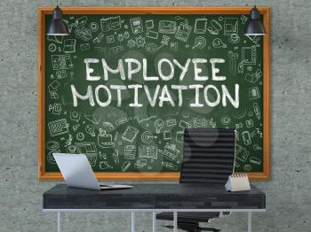 Green Chalkboard with the Text Employee Motivation Hangs on the Gray Concrete Wall in the Interior of a Modern Office. Illustration with Doodle Style Elements. 3D.
