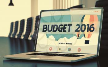 Budget 2016 on Landing Page of Mobile Computer Display. Closeup View. Modern Conference Room Background. Blurred. Toned Image. 3D Render.