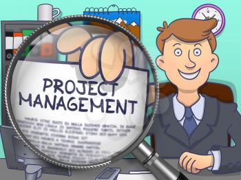 Officeman Shows Concept on Paper Project Management. Closeup View through Magnifying Glass. Multicolor Doodle Style Illustration.