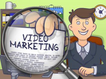 Video Marketing through Lens. Officeman Showing a Paper with Text. Closeup View. Colored Doodle Illustration.