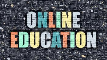 Online Education Concept. Online Education Drawn on Dark Wall. Online Education in Multicolor. Online Education Concept. Modern Illustration in Doodle Design of Online Education.