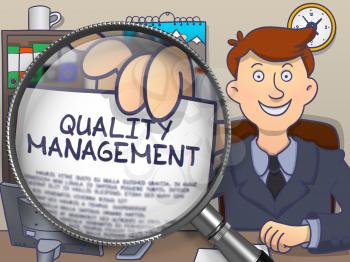Businessman Shows Concept on Paper Quality Management. Closeup View through Magnifying Glass. Colored Doodle Style Illustration.