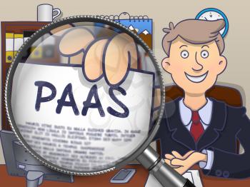 Businessman in Suit Showing Paper with Concept PAAS - Platform as a Service - through Lens. Closeup View. Multicolor Doodle Style Illustration.