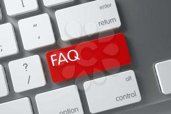 FAQ Concept. Slim Aluminum Keyboard with FAQ on Red Enter Button Background, Selected Focus. 3D Illustration.
