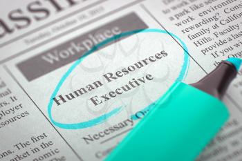 Human Resources Executive - Small Advertising in Newspaper, Circled with a Azure Highlighter. Blurred Image. Selective focus. Job Seeking Concept. 3D.