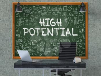High Potential - Hand Drawn on Green Chalkboard in Modern Office Workplace. Illustration with Doodle Design Elements. 3D.