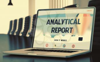 Analytical Report. Closeup Landing Page on Mobile Computer Display. Modern Meeting Hall Background. Blurred. Toned Image. 3D.