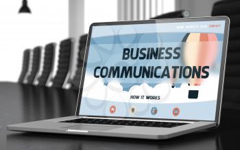 Business Communications Concept. Closeup Landing Page on Laptop Screen on Background of Conference Hall in Modern Office. Toned Image with Selective Focus. 3D Render.