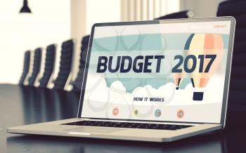 Budget 2017 on Landing Page of Laptop Screen in Modern Conference Room Closeup View. Toned Image. Selective Focus. 3D Rendering.
