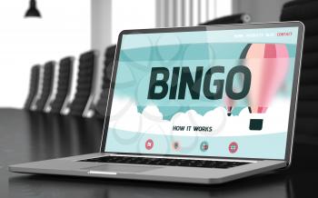 Bingo on Landing Page of Mobile Computer Screen. Closeup View. Modern Meeting Room Background. Toned. Blurred Image. 3D.