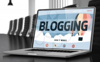 Blogging. Closeup Landing Page on Mobile Computer Screen. Modern Meeting Hall Background. Blurred Image. Selective focus. 3D.