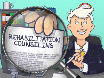 Rehabilitation Counseling. Cheerful Man Welcomes in Office and Shows Text on Paper through Magnifier. Colored Doodle Style Illustration.