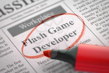 Flash Game Developer - Small Advertising in Newspaper, Circled with a Red Highlighter. Blurred Image. Selective focus. Job Seeking Concept. 3D Illustration.